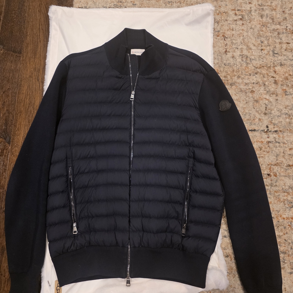 Mens Moncler L Hybrid Jacket, (Quilted Knit Cardigan Hybrid zip-up Jacket) Dark